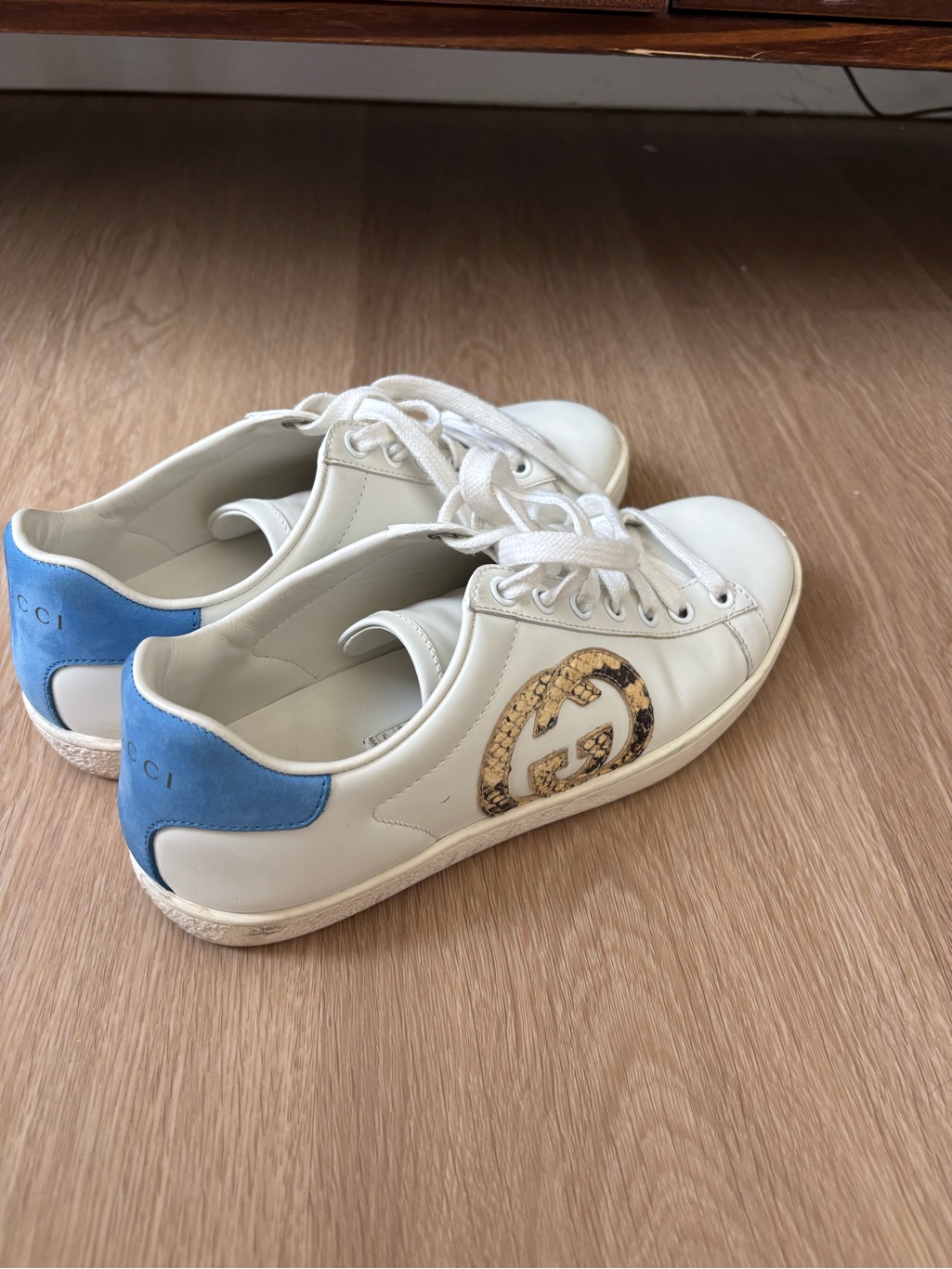 Gucci White Leather Sneakers With Blue Heel Tab And Snakeskin Gg